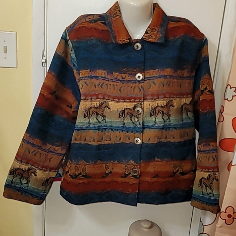 Tapestry jacket horse native vintage button down pockets all over print